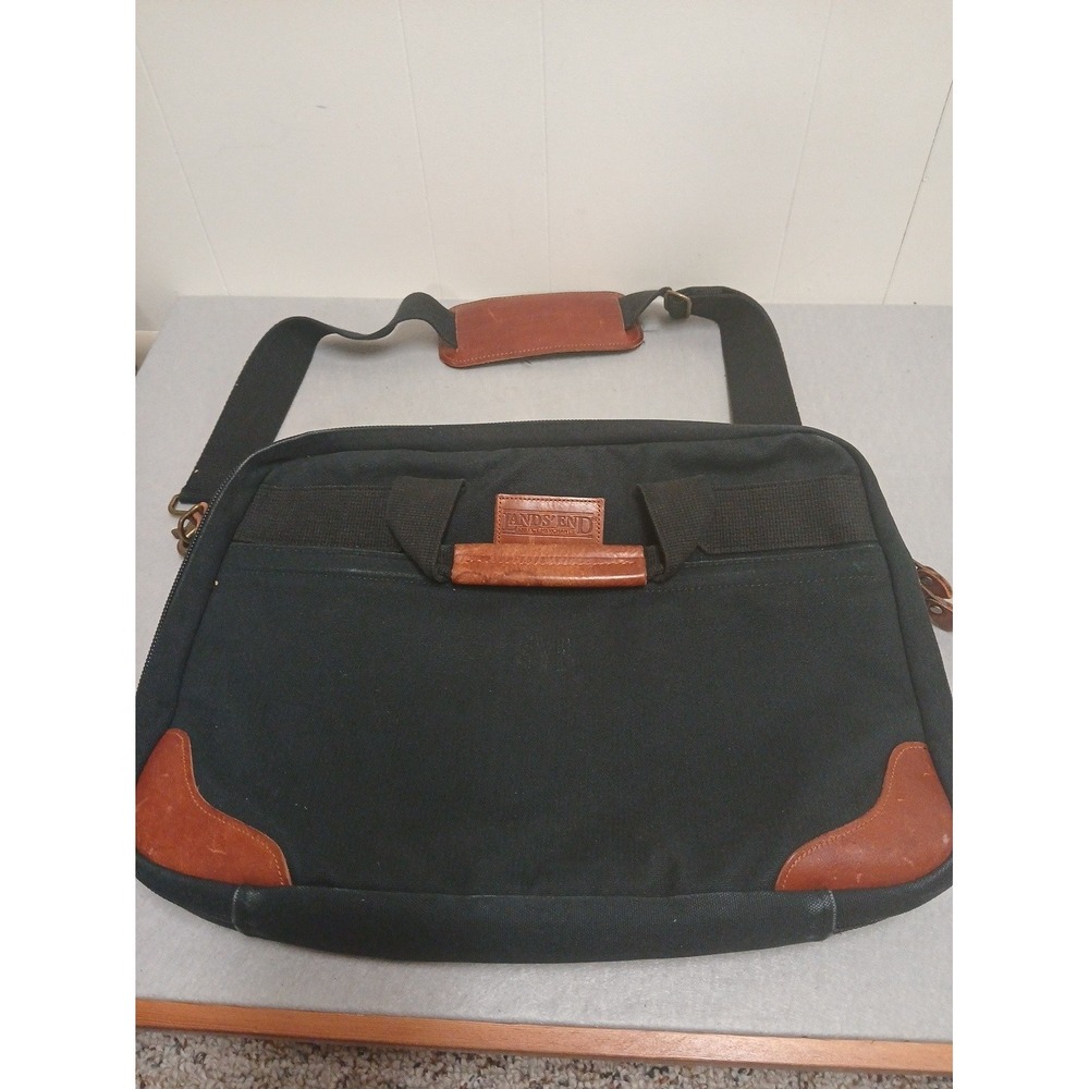 VTG Land's End Direct Merchants Black Canvas Leather Crossbody Laptop Bag